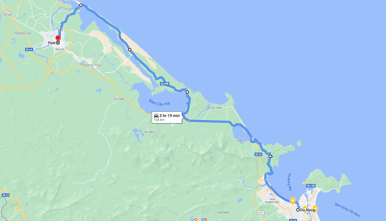 Danang to Hue Map